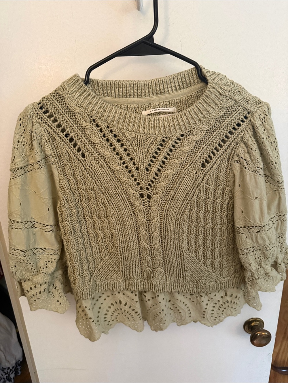 Anthropologie Sage Crochet-Trim Cable Knit Puff Sleeve Sweater